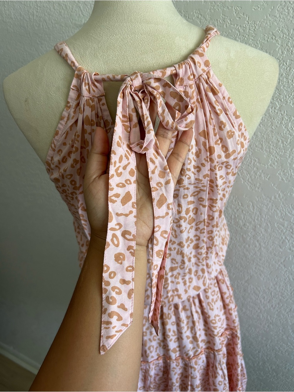 Anthropologie Beachgold Blush Pink & Tan Cheetah Print Ruffle Tiered Mini Dress - Picture 6 of 8
